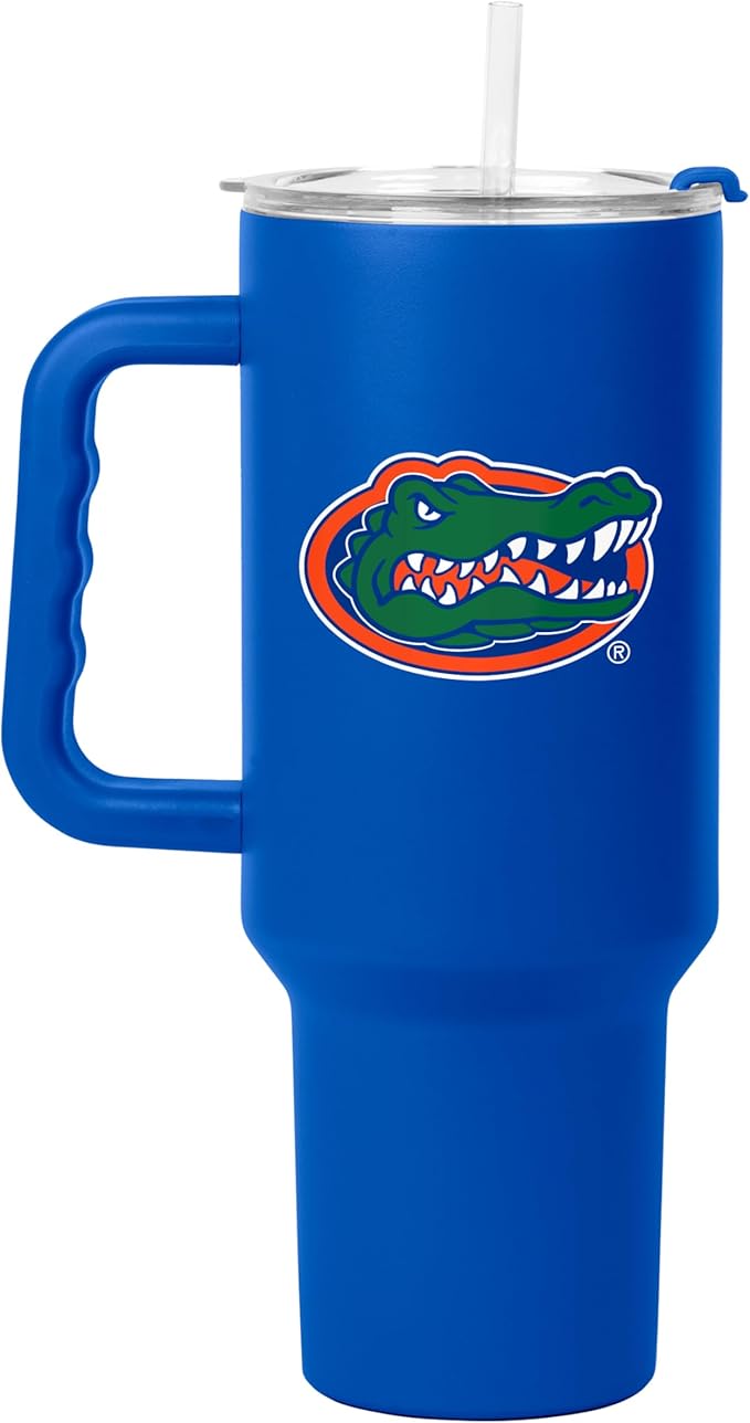 Logo Brands NCAA 40 oz Tumbler with Handle -Stainless Steel Insulated Travel Tumbler with Straw Lid – Powder Coated, Leak-Resistant, Keeps Drinks Hot/Cold – Great for Tailgating, or Everyday Use