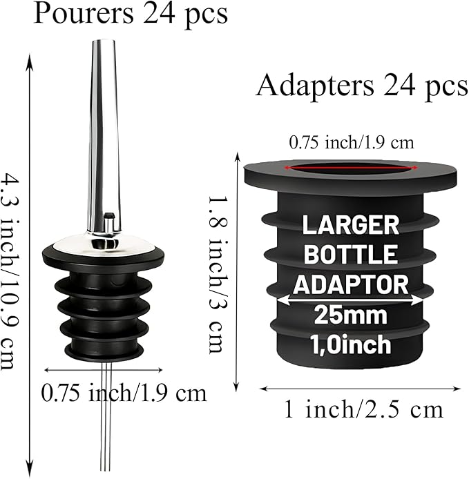 24-Pack Liquor Bottle Pourers with Adapters, Liquor Pour Spout Adapters set for for Large Olive Oil Bottles and Liquor Bottles - Up to 1 Inch/25mm Neck Converts Spout into a Large Pour Spout Silver