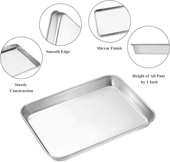 Wildone Baking Sheet Set of 2 - Stainless Steel Cookie Sheet Baking Pan, Size 10 x 8 x 1 inch, Non Toxic & Heavy Duty & Mirror Finish & Rust Free & Easy Clean