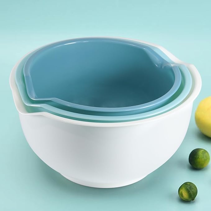 Set of 3 Mixing Bowls with Pour Spout-Nesting Design Saves Space - Non-Slip, BPA Free, Dishwasher Safe Plastic - Kitchen Cooking and Baking Supplies (Blue)