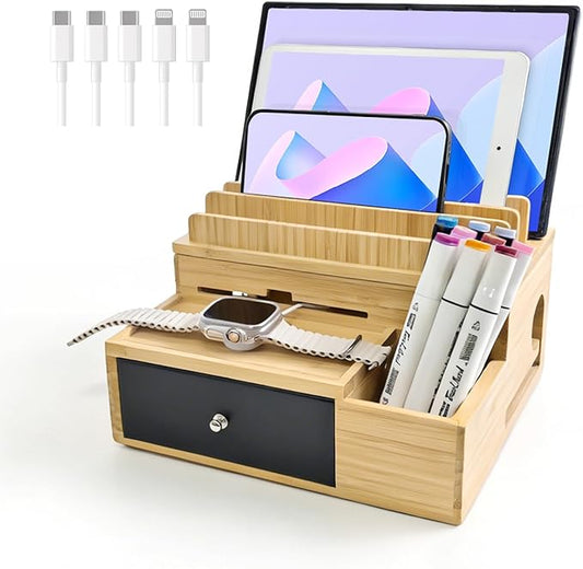 Bamboo Charging Organizer for Multi-Devices, with Drawer and Pen Holder, Nightstand Desk Charging Stations Electronic Organizer for Cell Phone, Tablet, Etc (with 5-Cable, No USB Charger)