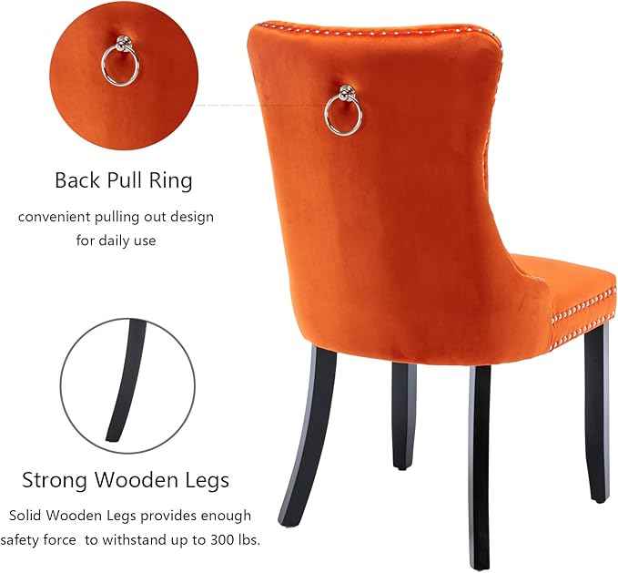 Velvet Dining Chairs Set of 4, Upholstered Dining Room Chairs with Back Ring Pull Trim and Solid Wood Legs,Tufted Wingback Kitchen Chair Perfect for Dining Room,Living Room,Kitchen(Orange)