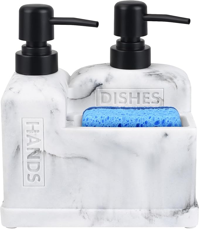 Kitchen Hand Soap and Dish Soap Dispenser Set,Dual Soap Dispenser with Sponge Holder 3-in-1 Organizer for Kitchen Sink,Bathroom,Useful Kitchen Gadgets - White Marble Look
