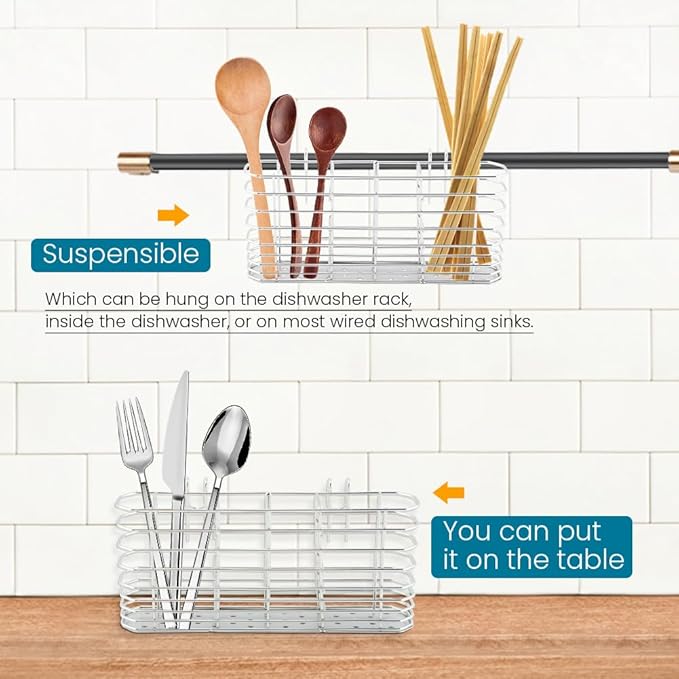 Utensil Drying Rack, 304 Stainless Steel Utensil Organizer Holder No Drilling Kitchen Drainage Basket with 3 Divided Compartments(COLOR:Silver)