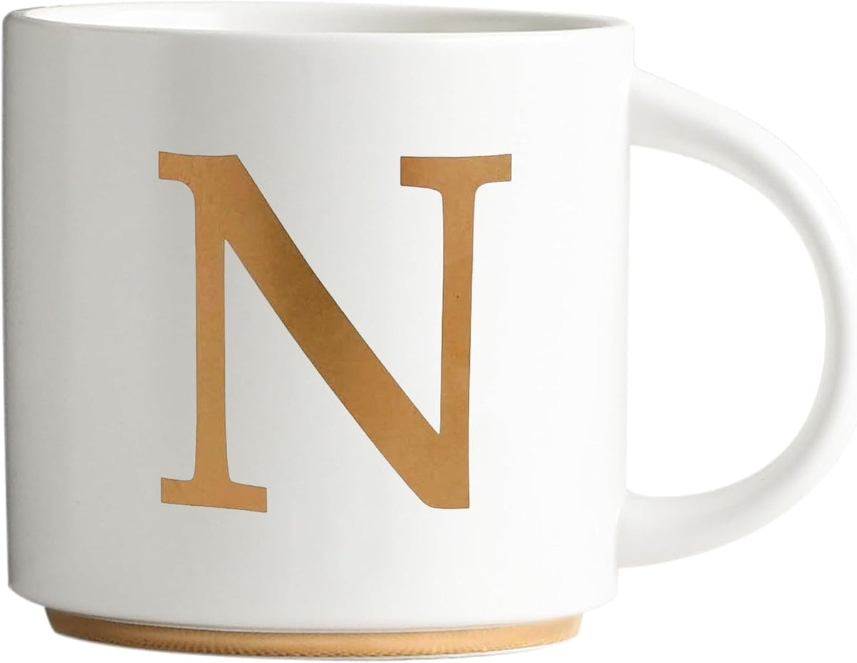 COLLECTIVE HOME - Monogram Ceramic Mugs, 15 oz Golden Initial Coffee Cups, Elegant Alphabet Tea Mugs, Elegant Personalized Mug with Gift Box, Unique Mug with Double Side Capital Letter (N)
