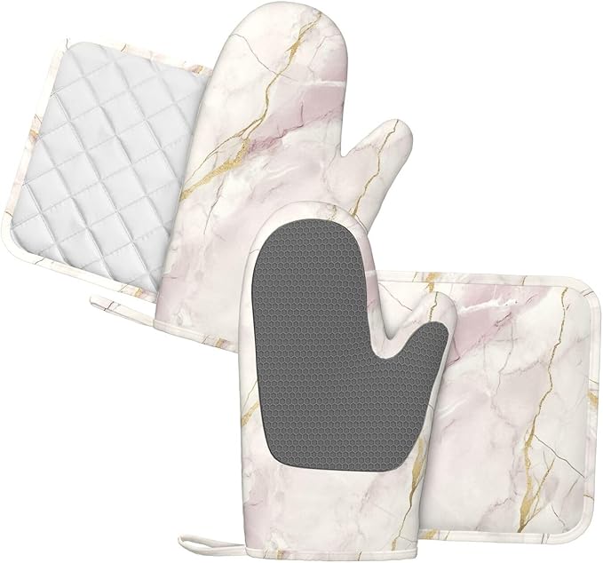 Oven Mitts and Pot Holders Light Pink White Marble Silicone Kitchen Accessories Set of 4 Heat Resistant Long Gloves Potholder Non-Slip Grip for Chef Cooking Baking Grilling BBQ