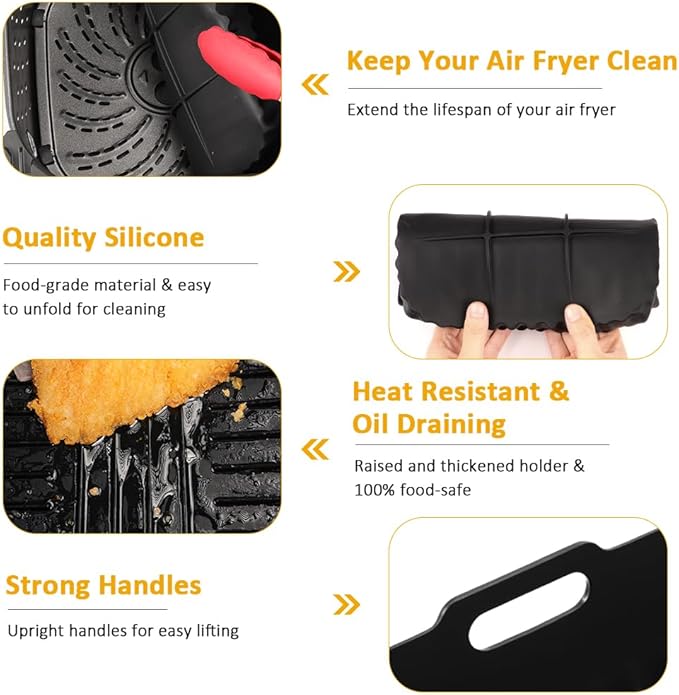 BYKITCHEN Large Air Fryer Silicone Liners Compatible with CHEFMAN 8QT/ 10 QT/ 12 QT & Other 8-12 Quart XL Airfryer, 2PCS 10 Inch Reusable Silicone Airfryer Oven Tray Insert, Air Fryer Accessories