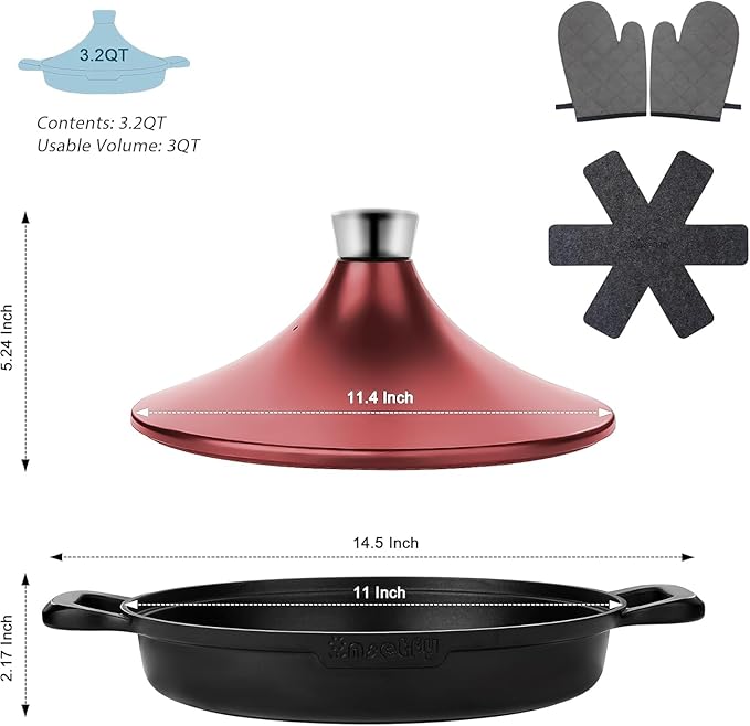 Non-Stick Frying Pan/Skillet 11", 3QT Tagine Pan,Cast Aluminum Pans with Lid, Stove/Oven-to-Table Cookware, Dishwasher Safe& Compatible with All Stovetops（Black Red）