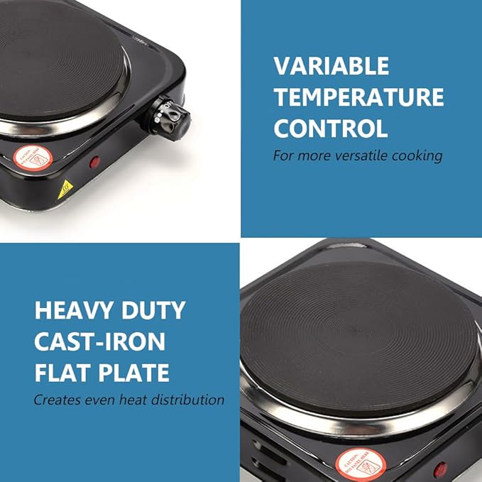 Compact and Portable Countertop Burner- Countertop Double Cast Iron Burner 2000 Watts Electric Hot Plate Temperature Controls Black