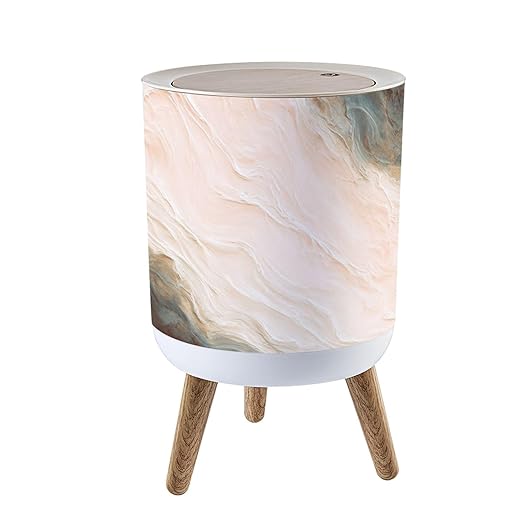 Trash Can with Lid Marble wall white brown ink swirl yellow green graphic abstract light Press Top Round Small Garbage Bin with Wooden Legs Waste Basket for Kitchen Bedroom Nursery 7L/1.8 Gallon