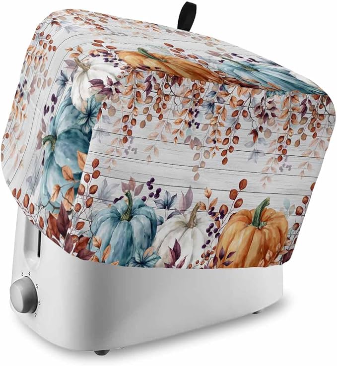 Orange Blue Pumpkins Fall Toaster Cover 2 Slice, Thanksgiving Eucalyptus Dustproof Bakeware Oven Protector with Hook, Gray Wooden Waterproof Small Kitchen Appliance Toasters Dust Cover, 12"x7.5"x8"