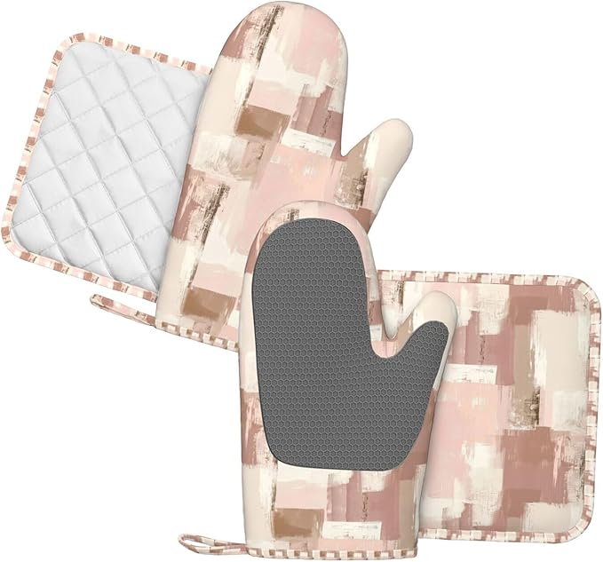 Oven Mitts and Pot Holders Set, Modern Art Dusty Pink Abstract Silicone Kitchen Accessories 4 Piece Heat Resistant Long Gloves Potholder Non-Slip Grip for Chef Cooking Baking Grilling BBQ