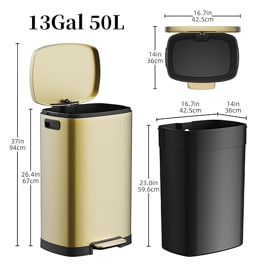 KdbK 13 Gallon Trash Can with Lid, 50L Fingerprint Proof Stainless Steel Kitchen Trash Can with Removable Inner Bucket and Lid Soft Close, Pedal Rubbish Bin for Home Office, Gold
