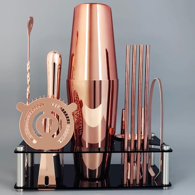 Professional Cocktail Shaker Set with Stand Cocktail Recipes, 15-Piece 750/600ml Bartender Kit, Bar Sets Bartending Kit Bar Tool Set 25/20oz Boston Shakers, Jigger, Muddler (Rose Gold)