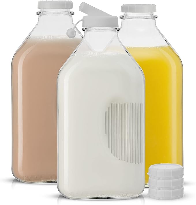 JoyJolt Glass Milk Bottles with Lids and Pourer – 64 Oz, 3 Pack Airtight Heavy Duty Reusable Glass Bottles, Leakproof, BPA-Free, Food Grade, Dishwasher Safe Jug, Pitcher for Milk, Juice, and Water