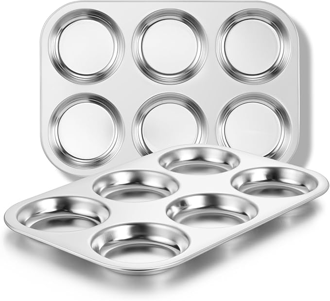 E-far Muffin Top Pan Set of 2, Stainless Steel 6-Cavity Shallow Cupcake Pan for Baking Whoopie Pie, Yorkshire Pudding, Eggs, Cornbread, Drop Cookies, Non-toxic & Standard Size, Oven & Dishwasher Safe
