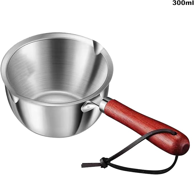 Butter Warmer Pot, Small Cast Iron Basting Pot With Wooden Handle Stainless Steel Multi Purpose Cooking Pot for Milk, Coffee(300mL)