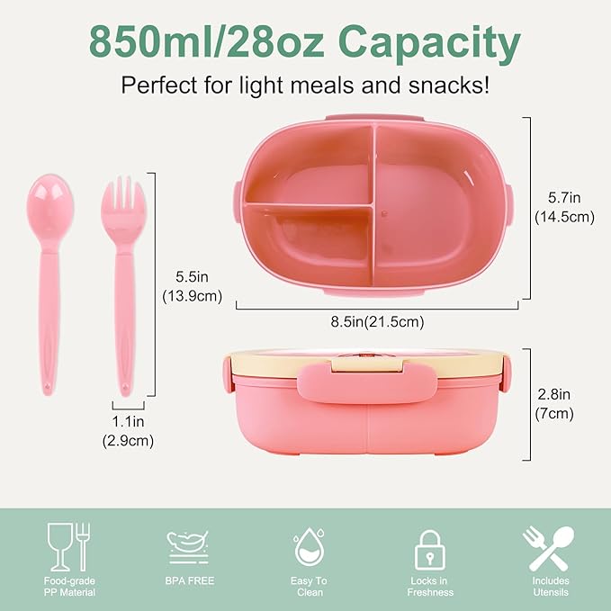 Bento Box Kids Lunch Box with Spoon & Fork - 28oz, 3 Compartment Sandwich Containers Travel Snack Boxes, Microwave/Dishwasher/Freezer Safe, BPA Free Meal Prep Food Storage Containers - Pink