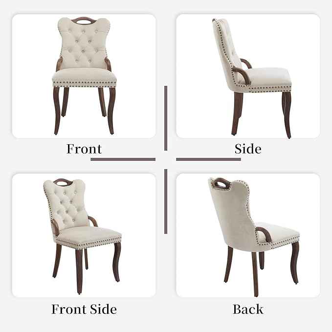 Beige Velvet Dining Chairs Set of 6，Modern Upholstered Dining Room Chairs with Tufted Back and Wood Accents, Curved Solid Wood Legs & Nailhead Trim, Sillas De Comedor Modernas 6
