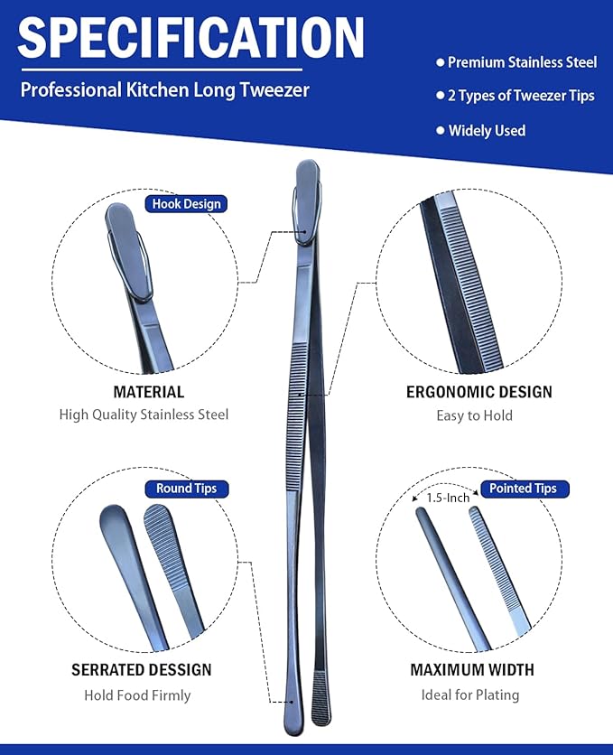 JETKONG 4 Pcs Kitchen Tweezers, 12'' and 10'' Stainless Steel Cooking Tweezers Set, High-Precision Tweezers Tongs for Cooking, Repairing, Seafood and BBQ (Blue)