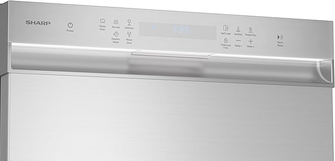 Sharp SDW6504MS Stainless Steel Dishwasher, 24-inch Pocket Handle, 52 dB, Hybrid Tub, 12 Place Settings, 5 Cycles, Heated Dry