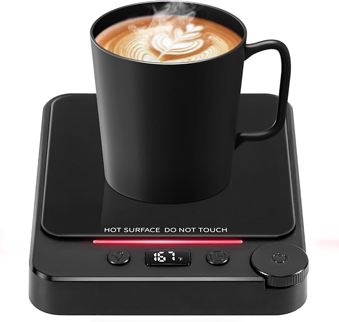 Fast Heating Coffee Mug Warmer,POLEDY Auto Shut Off Cup Warmer, Electric Beverage Warmer for Tea, Milk, Cocoa with 2-12H Timer, 3-Temp Settings Candle Warmer Plate, Black Smart Candle Melter