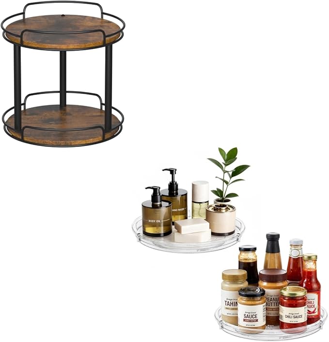 LAMU 10.2'' Wood Lazy Susan Turntable and 2 Pack Clear Lazy Susan Organizer