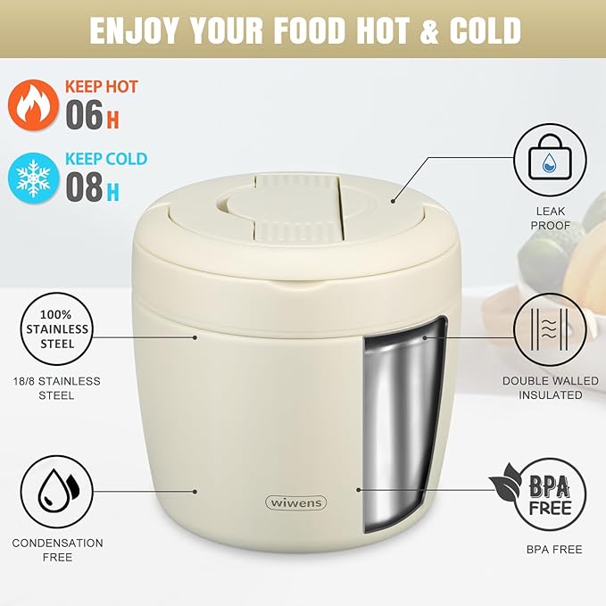 wiwens Thermo Food Jar for Hot Food Adults 32OZ Soup Thermo Lunch Containers Wide Mouth Vacuum Insulated Stainless Steel Leakproof Bento Box with Spoon (Beige)