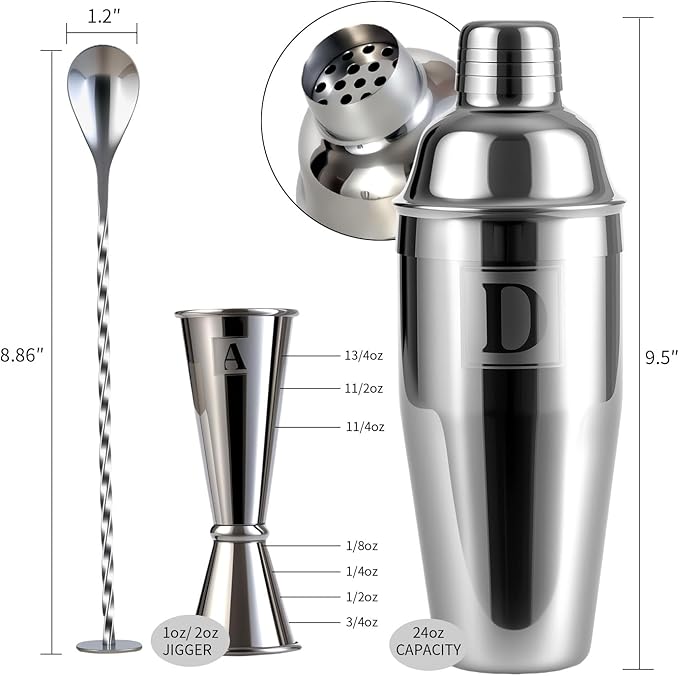 24oz Cocktail Shaker Set with 1 oz 2oz Jigger - Monogramm Initials Martini Shaker Set - 304 Stainless Steel Bar Shaker for Margarita,Mojito-Personalized Gift for Friend,Husband-V