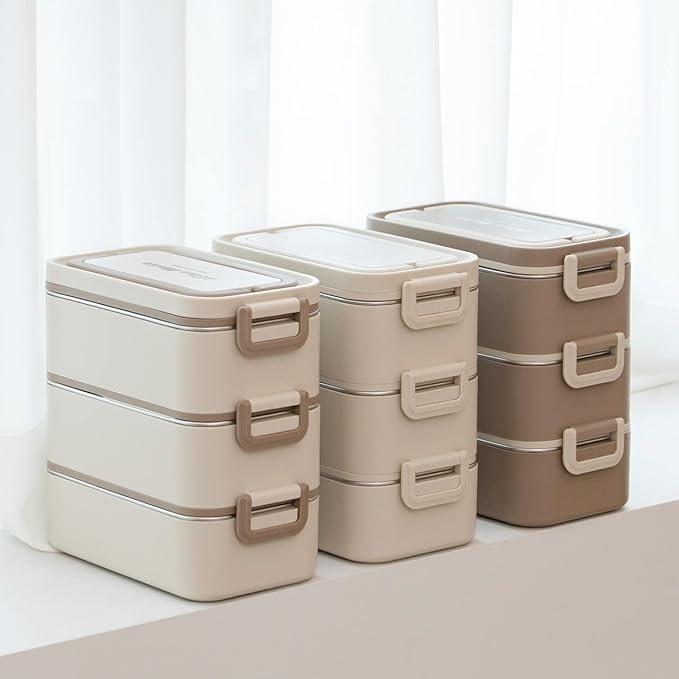 Bento Box Adult Lunch Box, Stackable 3-Layer 304 Stainless Steel for Adults, Office, 3L Capacity, Portable, Soup Bowl, Spoon & Fork, Metal Lunch Box, Tiffin (Beige)