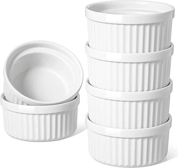 LE TAUCI Ramekins 16 OZ Oven Safe, Ceramic Souffle Dishes for Oven, Custard Cups, Creme Brulee Dishes, Porcelain Large Ramekins, Pudding Ramiken, Dipping Sauces, Set of 6, White