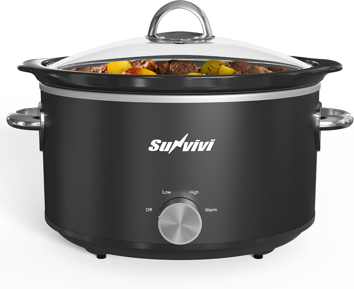 Sunvivi Small Slow Cooker 4QT, Mini Food Warmer with 3 Heating Settings, Removable Ceramic Pot, Dishwasher Safe Glass Lid, Stainless Steel, Black