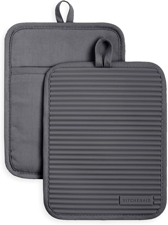 KitchenAid Ribbed Soft Silicone Pot Holder Set, Charcoal Grey 7"x9" & Beacon Two-Tone Non-Slip Oven Mitt Set, Contour Silver/Onyx Black, 5.75"x13", 2 Piece