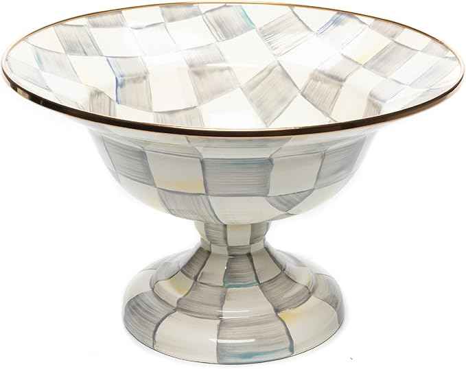 MACKENZIE-CHILDS Enamel Compote, Cute Enamel Pedestal Serving Dish or Decorative Bowl, Large, Gray-and-White Sterling Check