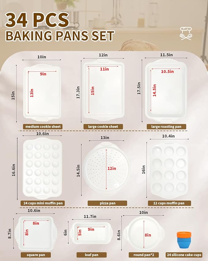 Baking Pans Set with Silicone Handles, 34 PCS Nonstick Bakeware Sets, Oven Pan Set Includes Baking Tray, Cookie Sheet, Cake Pans, Loaf Pan, Muffin Pan, Pizza Pan