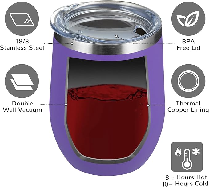 MEWAY 12oz/4 Pack Wine Tumbler Glasses with Lid - Stemless Double Wall Vacuum Stainless Steel Travel Tumbler - Keeping Cold & Hot for Wine,Coffee,Cocktails,Drinks-Family and Gifts (Purple,Set of 4)