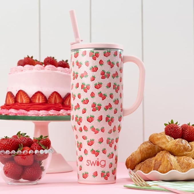 Swig Life 40oz Mega Mug, 40oz Tumbler with Handle and Straw, Extra Large Insulated Tumblers, Cup Holder Friendly Travel Mug (Strawberry Shortcake)