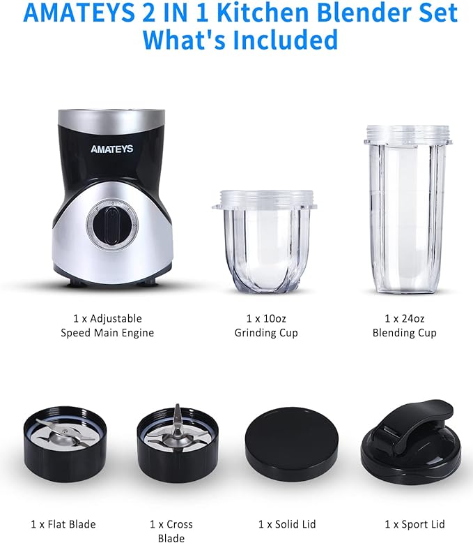 Amateys Personal Blender for Shakes and Smoothies,Professional Kitchenblender with Blending & Grinding Blades, Portable Coffee Grinder with 24/10 OZ Travel Bottles, Adjustable Speeds Juice Blender