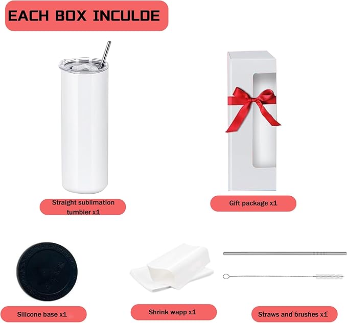 8 Pack 20oz Sublimation Tumblers Bulk With Flat Edge, 20OZ Flat Sublimation Tumbler Blank, Skinny Straight Stainless Steel Blanks Cups with Individual Box (8, 20OZ FLAT EDGE)