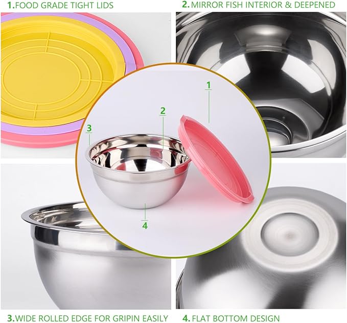 Leidawn Mixing Bowls with Lids for Kitchen - 25 PCS Stainless Steel Nesting Colorful Mixing Bowls Set for Baking,Mixing,Serving & Prepping,Size 5, 3.7, 2.8, 2.3, 1.7, 1.1, 0.7QT,11 Cooking Utensils