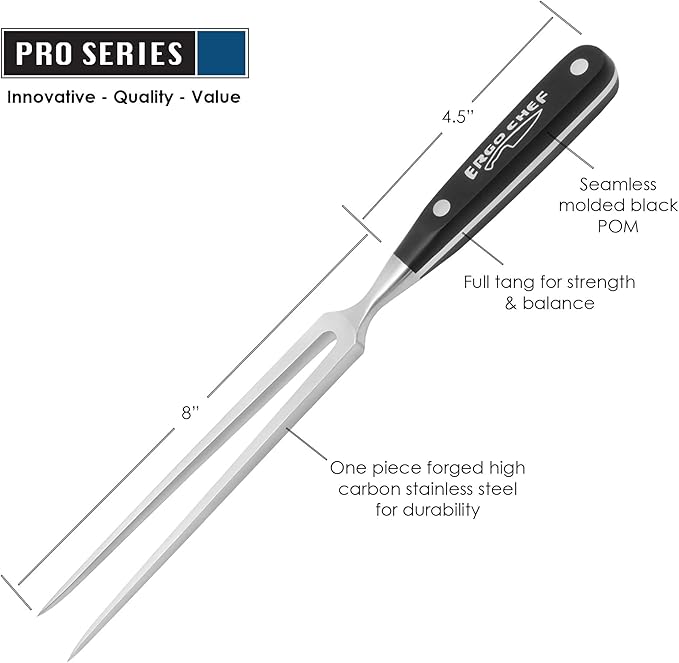 Ergo Chef Pro Series 8-Inch Meat Fork - Carving & Serving Fork - Forged High Carbon Stainless-Steel, Full Tang, Black Handle