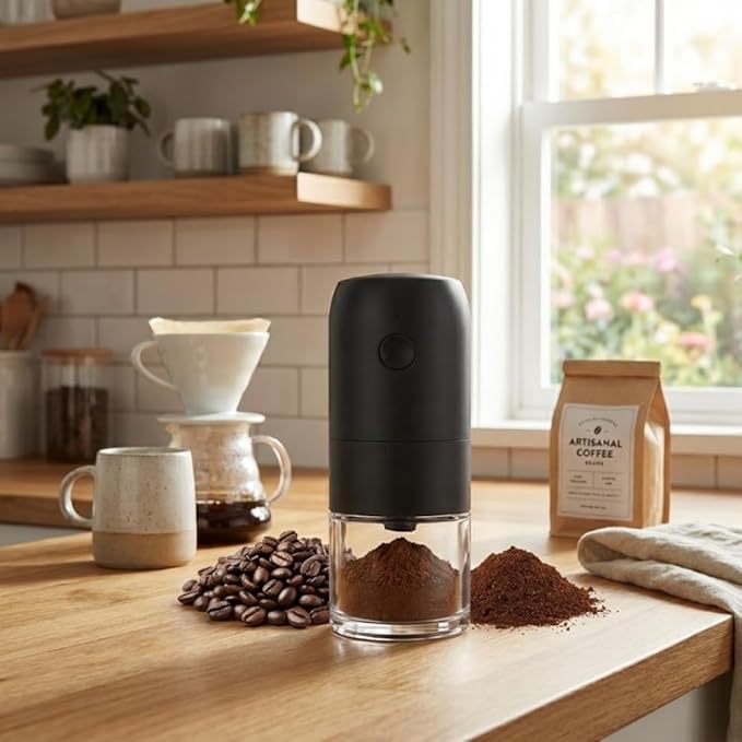 Caldwell Portable Electric Coffee Grinder – USB Rechargeable Ceramic Burr Mill for Espresso to French Press – Automatic Coffee Bean Grinder for Travel, Camping & Home – Black
