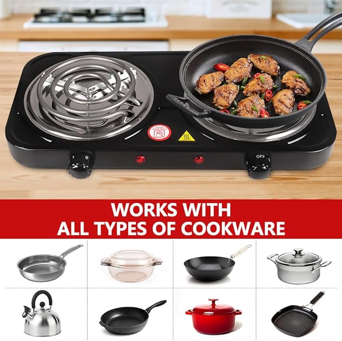 Electric Countertop Burner, Double Burner, 2000W Induction Cooktop, Portable Electric Hot Plate, 5 Level Adjustable Temperature Control Cooking Ranges for Home Dorm Camping Cooking