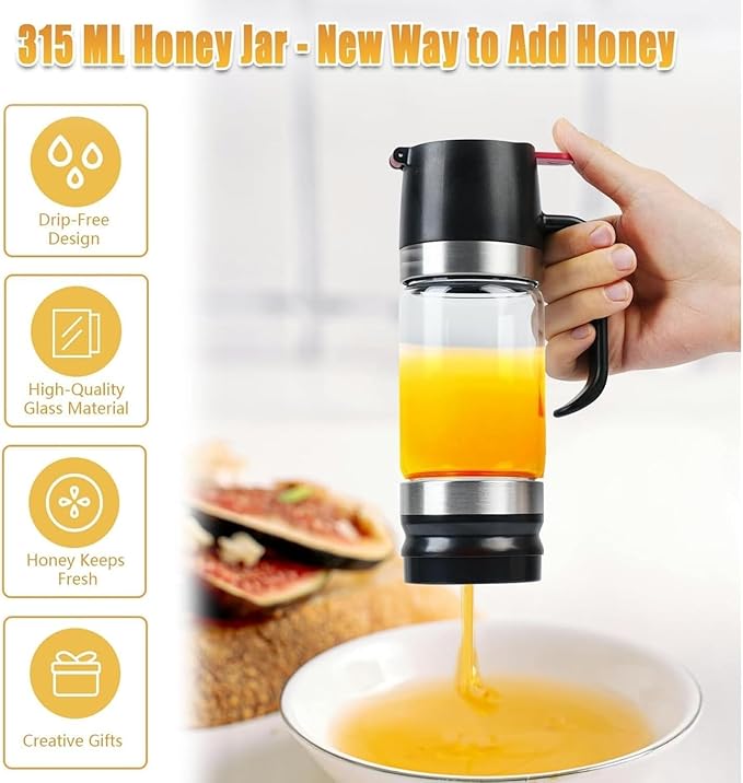 Honey Dispenser No Drip with Base 2026 New Upgrade, 12OZ Glass Honey Jar pot with Handle, Syrup Dispenser for Coffee or Tea, Mess Free Honey Dispenser for Honey and Syrup (Black)