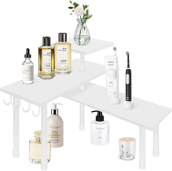 Homode Kitchen Countertop Organizer Corner Shelf, Bathroom Counter Organizers and Storage, 3 Tier Wood Shelf Organizer Space Saver for Make Up, Dresser Table, Desktop, White