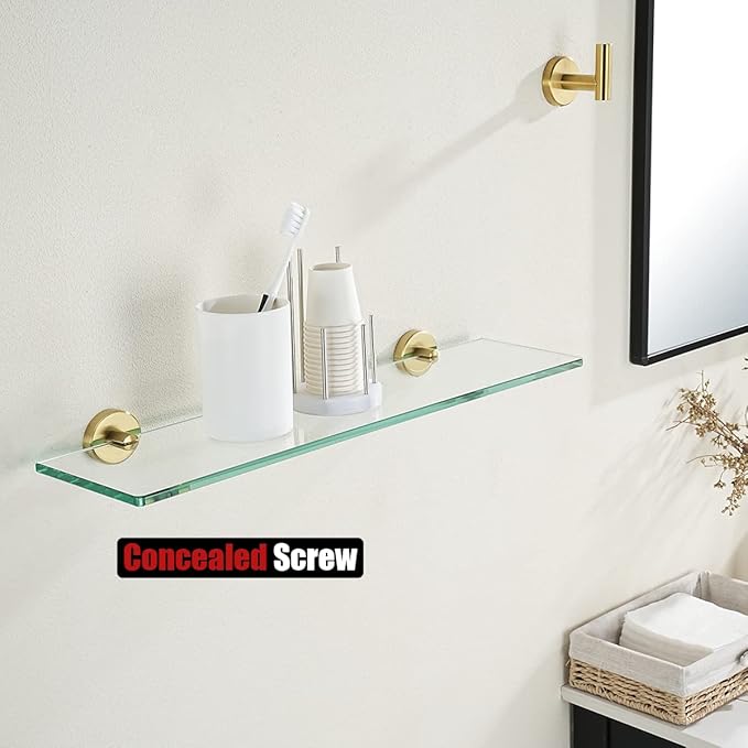 JQK Bathroom Glass Shelf Gold, Tempered Glass Shower Storage 24 by 5 inches, 304 Stainless Steel Brushed Gold Wall Mount, TGS101L24-BG
