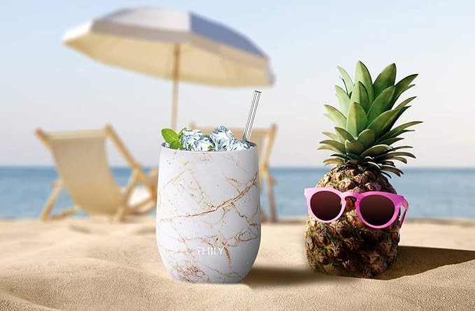 THILY Stainless Steel Stemless Wine Tumbler 4 Pack Vacuum Insulated Travel Wine Glasses with Sliding Lids and Straws, 12 oz, Keep Cold for Juice, Coffee, Beer, 4 Different Marbles Set