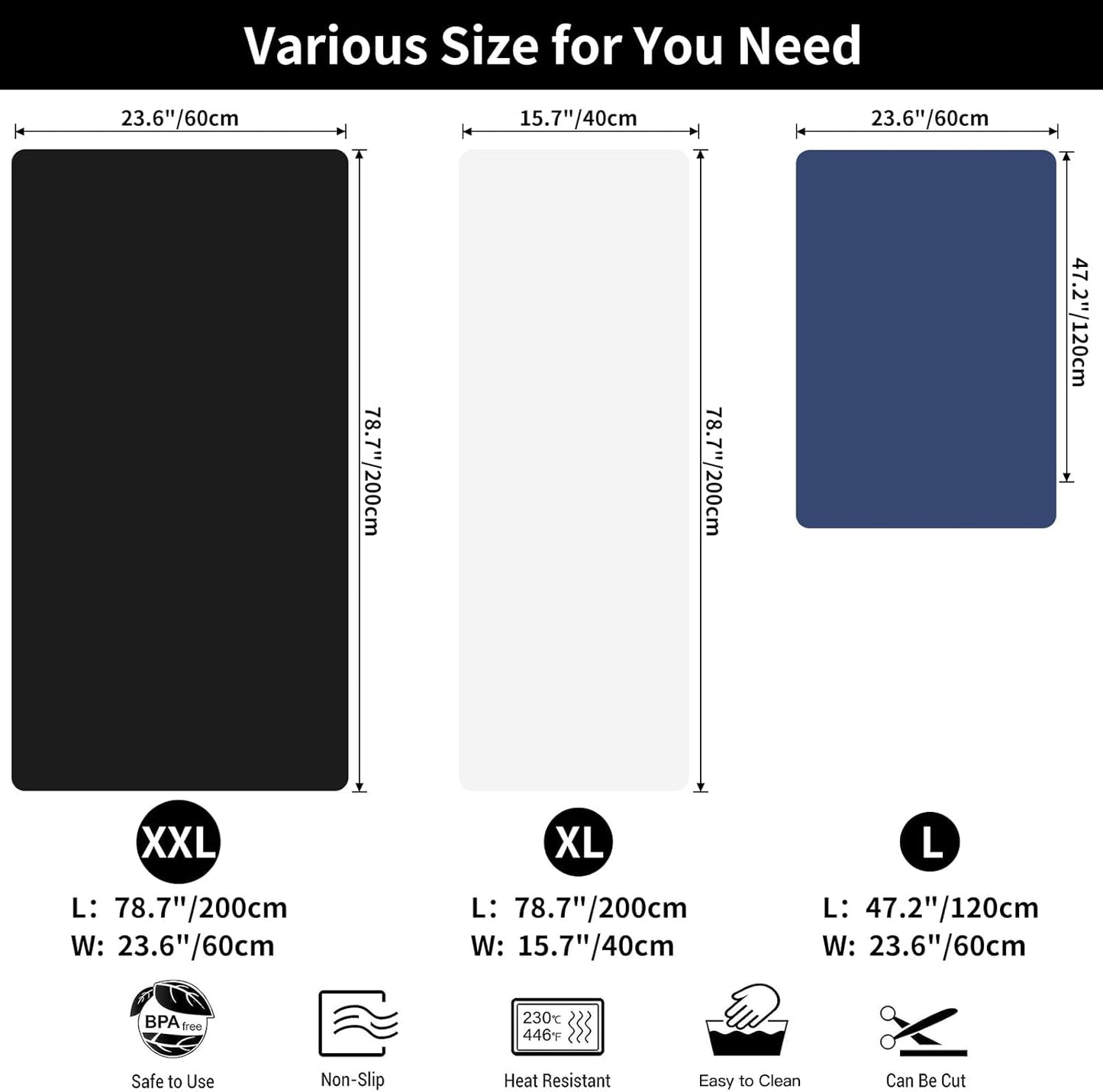 Extra Large Silicone Mat, 78.7"x 23.6"Non-Slip Heat Resistant Mats, Thicken Kitchen Countertop Protector Mat, Cuttable Waterproof Protector Mats for Kitchen Counter or Crafts (Black)