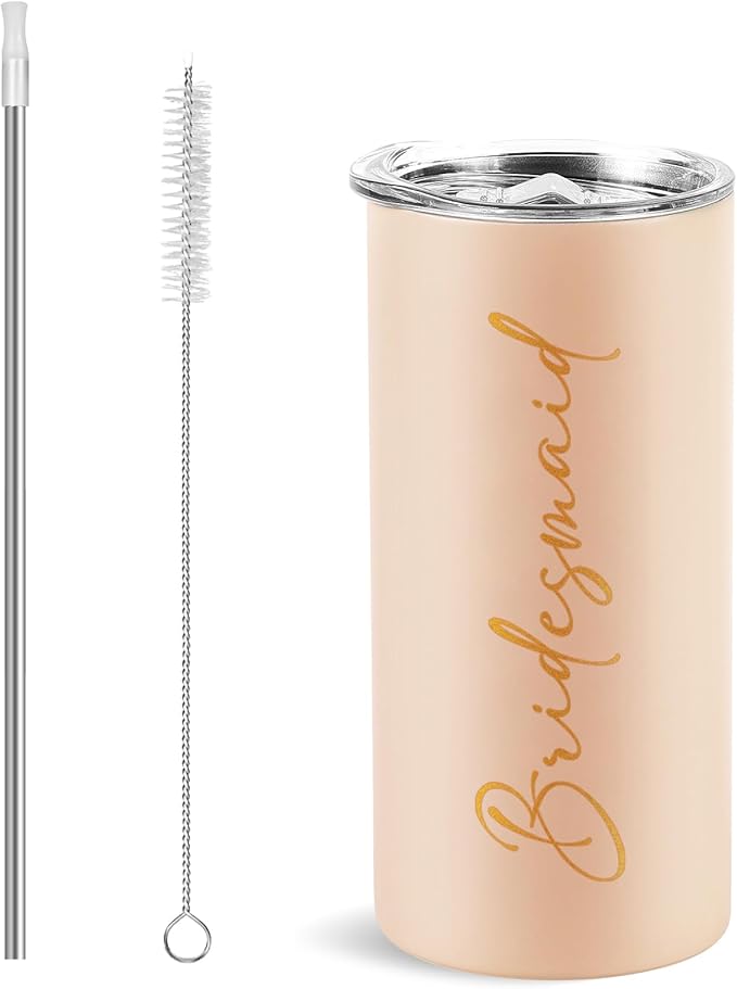 Bridesmaid Gifts Bridesmaid Proposal Gifts Bachelorette Cups Wedding Party Favors Stainless Steel Insulated Skinny Tumbler with Lid and Straw 15 OZ Pink