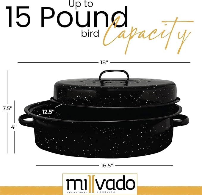 Millvado Roasting Pan With Lid, Turkey Roaster Pan, Extra Large 15 lb Capacity, 18" Granite Oven Roaster Oval Shaped Speckled Enamel on Steel Cookware